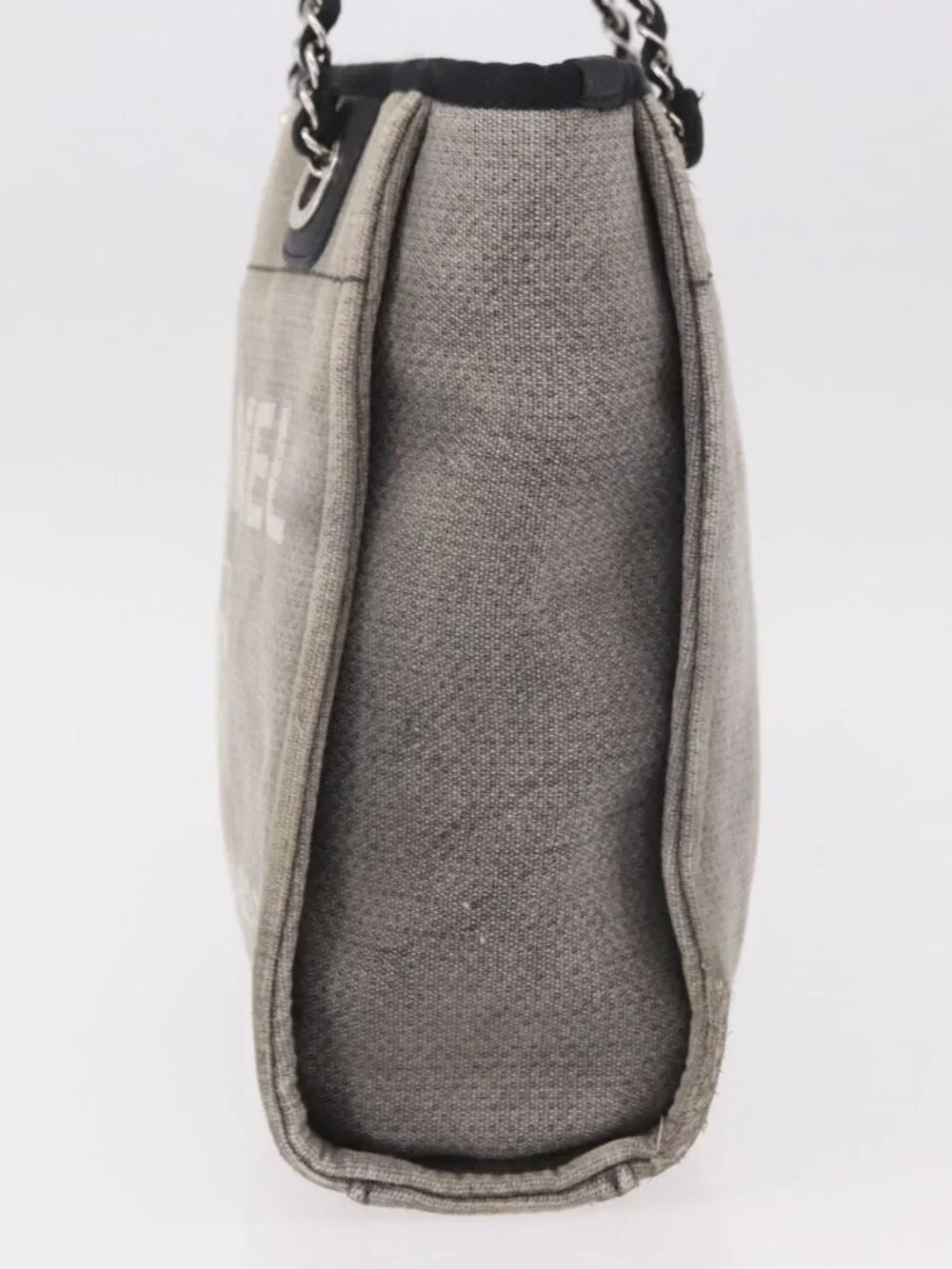CHANEL Deauville Line Chain Tote Bag Canvas Gray Silver CC Auth bs35696
